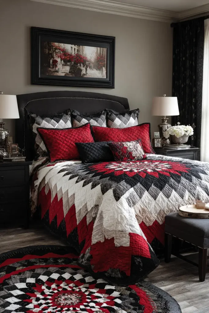 Elegant Red, Black, and White Quilted Bedspreads for Master Bedrooms