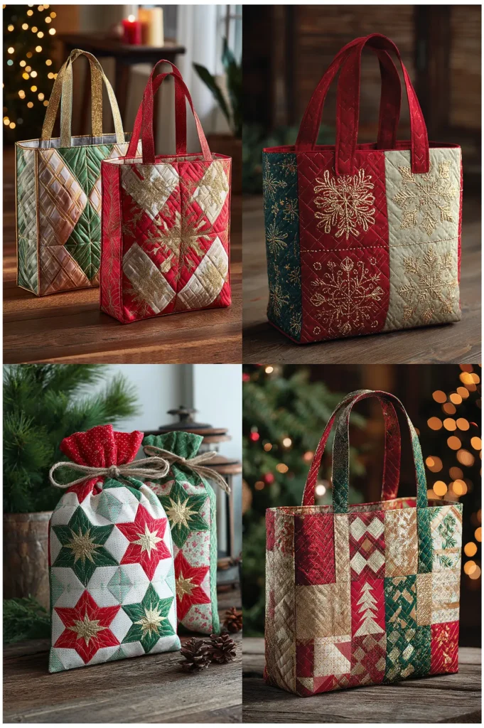 Festive Holiday Quilted Gift Bag with Metallic Thread