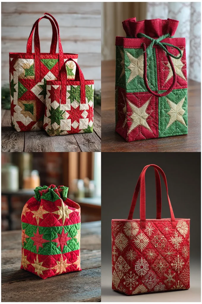 Festive Holiday Quilted Gift Bag with Metallic Thread
