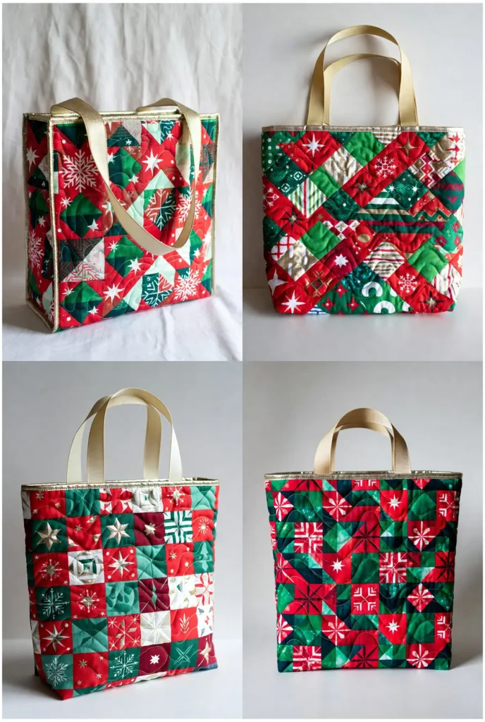 Festive Holiday Quilted Gift Bag with Metallic Thread