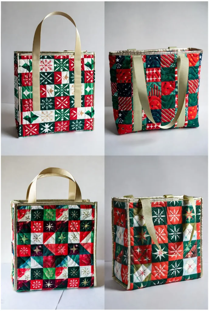 Festive Holiday Quilted Gift Bag with Metallic Thread