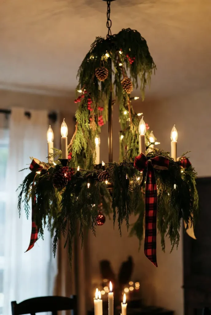 Festive Overhead Lighting - Draping Garland on Chandeliers and Pendants
