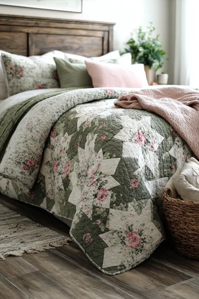 Floral Farmhouse Quilt Patterns with a Subtle Verdant Touch