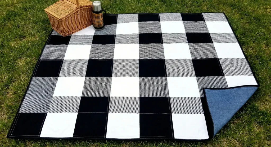 Gingham Black and White Picnic Quilt for Outdoor Use