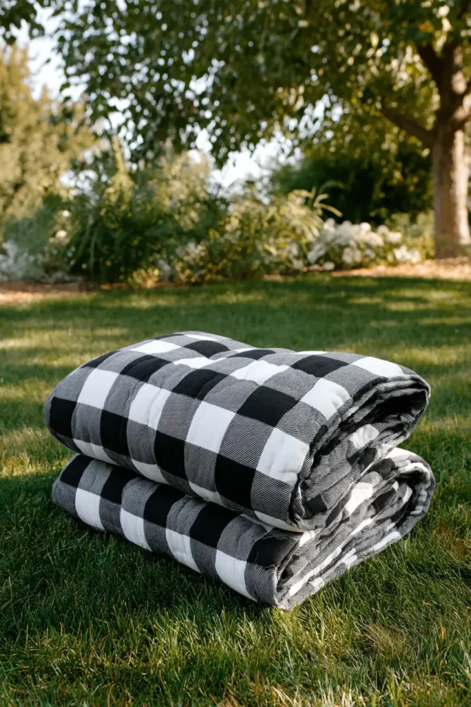 Gingham Black and White Picnic Quilt for Outdoor Use