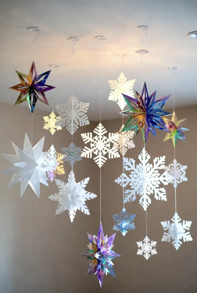 Hanging Decorative Paper Stars, Snowflakes, or Ornaments from the Ceiling