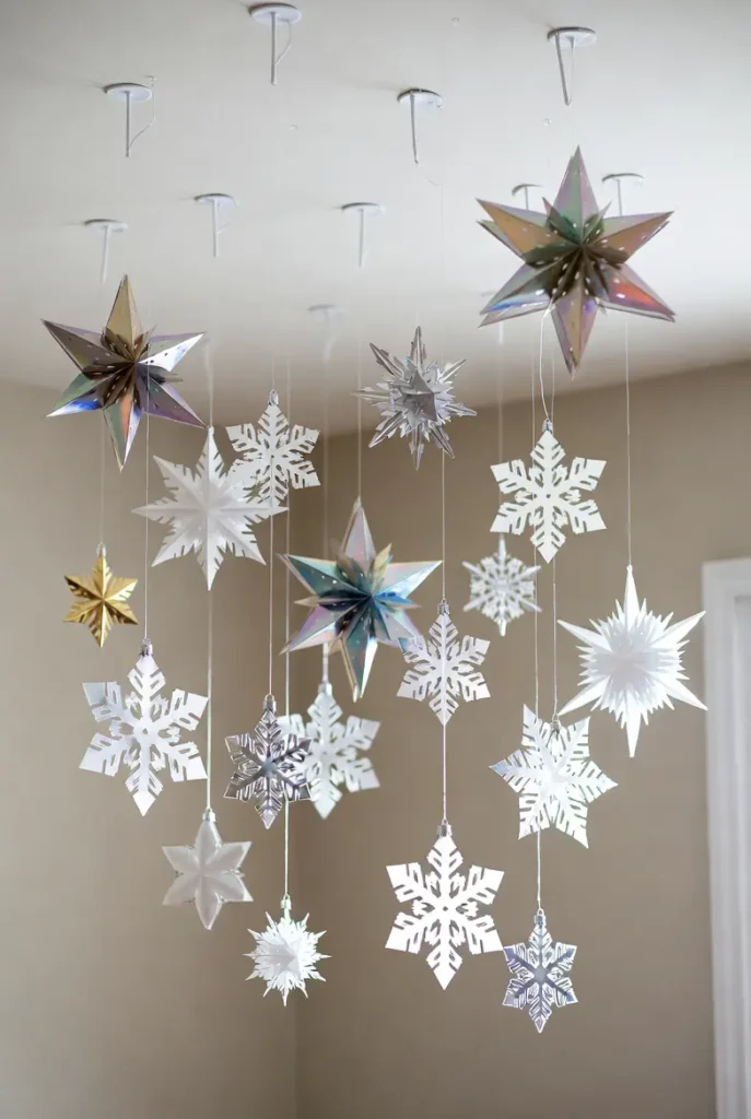 Hanging Decorative Paper Stars, Snowflakes, or Ornaments from the Ceiling