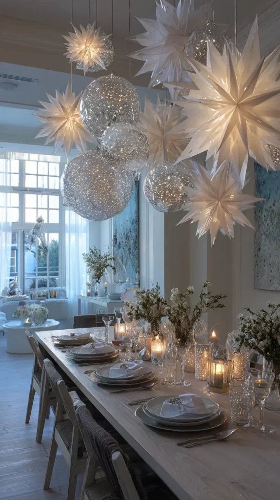 Hanging Decorative Paper Stars, Snowflakes, or Ornaments from the Ceiling