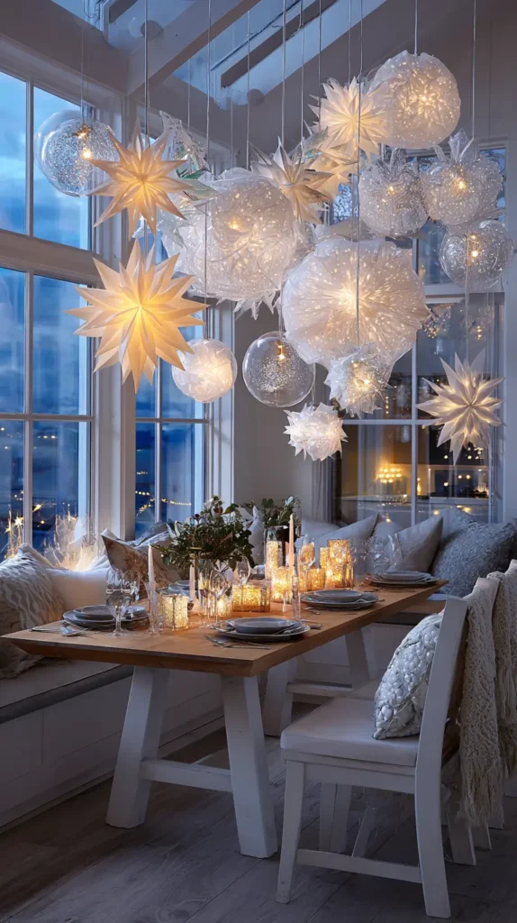 Hanging Decorative Paper Stars, Snowflakes, or Ornaments from the Ceiling