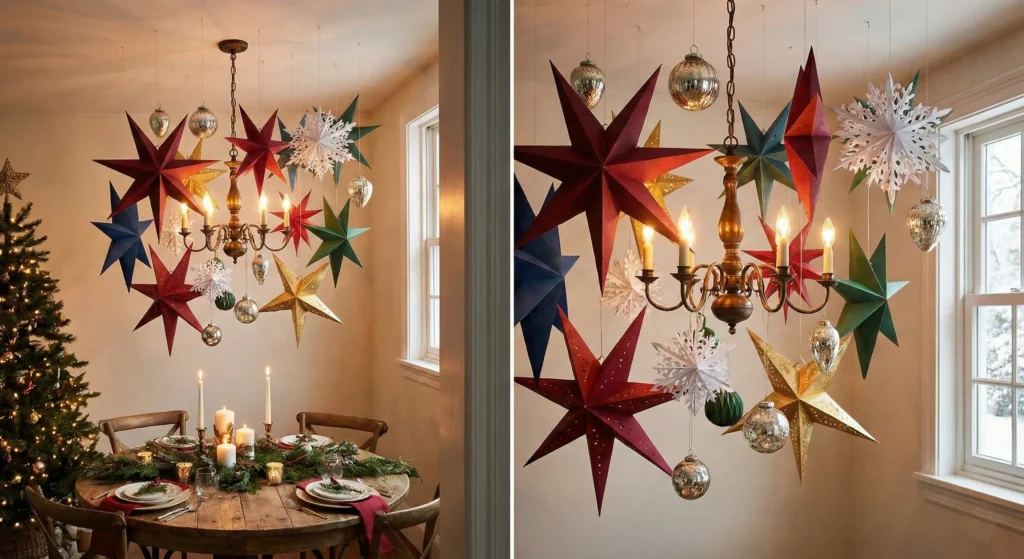 Hanging Decorative Paper Stars, Snowflakes, or Ornaments from the Ceiling