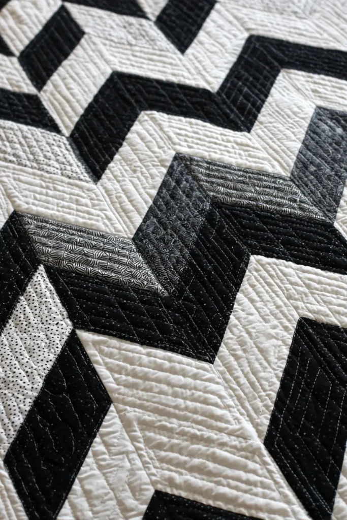 Herringbone Black and White Quilt for Floor Throw