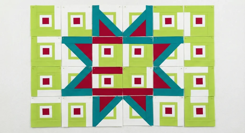 Holiday Log Cabin Star Quilt with Festive Colors