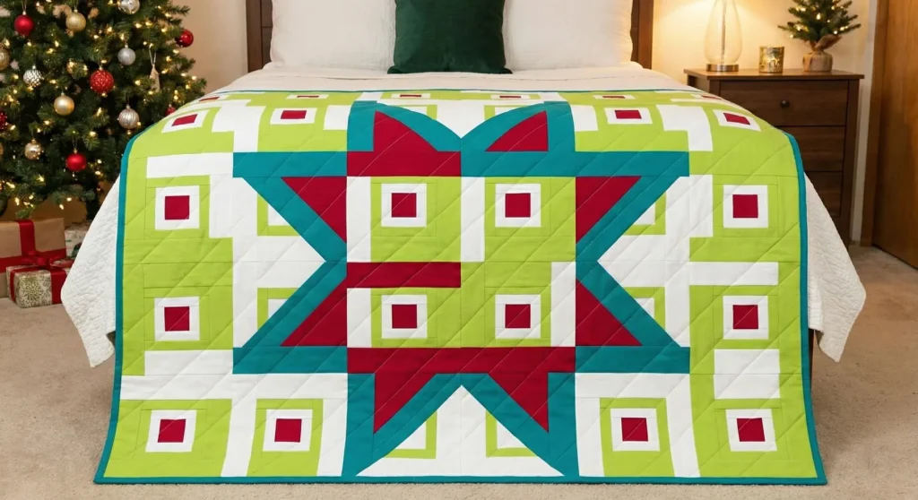 Holiday Log Cabin Star Quilt with Festive Colors