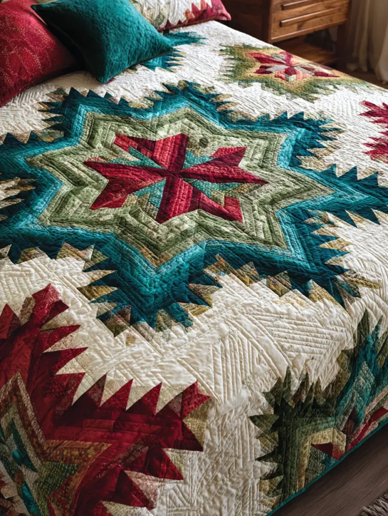 Holiday Log Cabin Star Quilt with Festive Colors