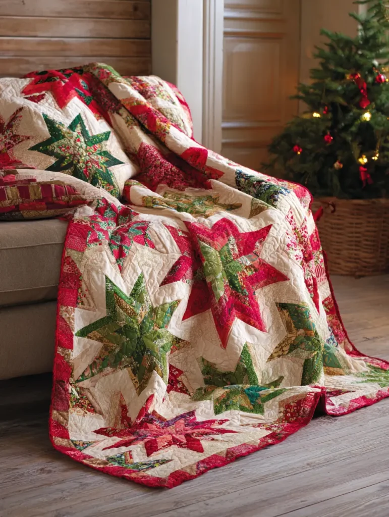 Holiday Log Cabin Star Quilt with Festive Colors