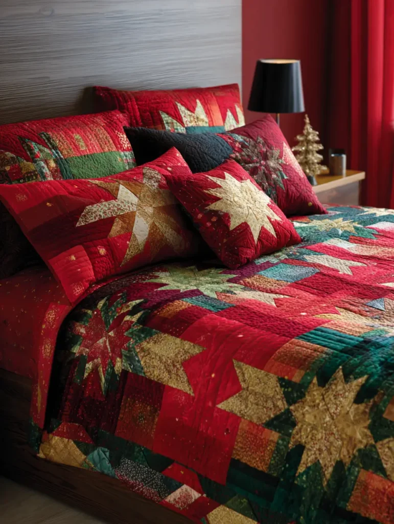 Holiday Log Cabin Star Quilt with Festive Colors