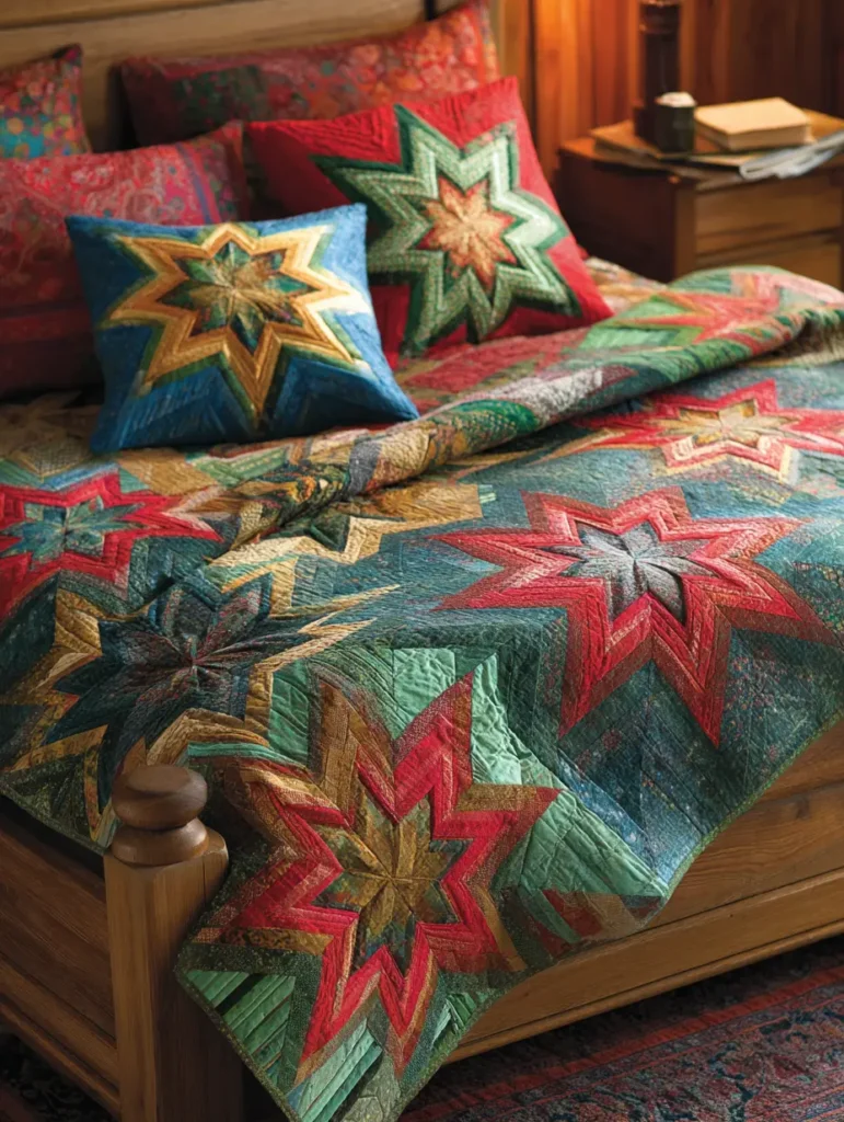 Holiday Log Cabin Star Quilt with Festive Colors