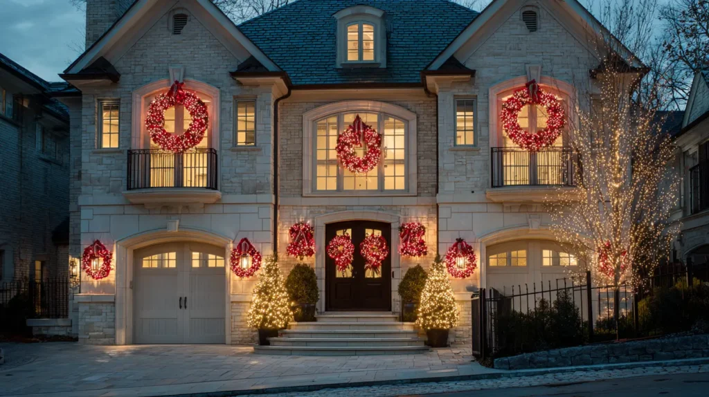Illuminated Christmas Wreaths or Giant Lit Bows on Doors and Windows