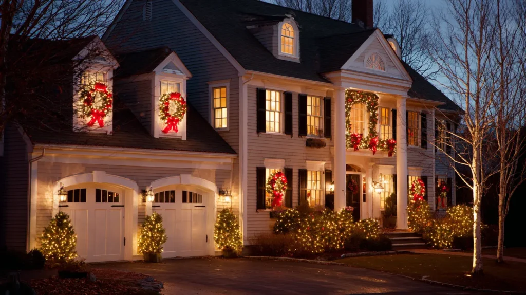 Illuminated Christmas Wreaths or Giant Lit Bows on Doors and Windows