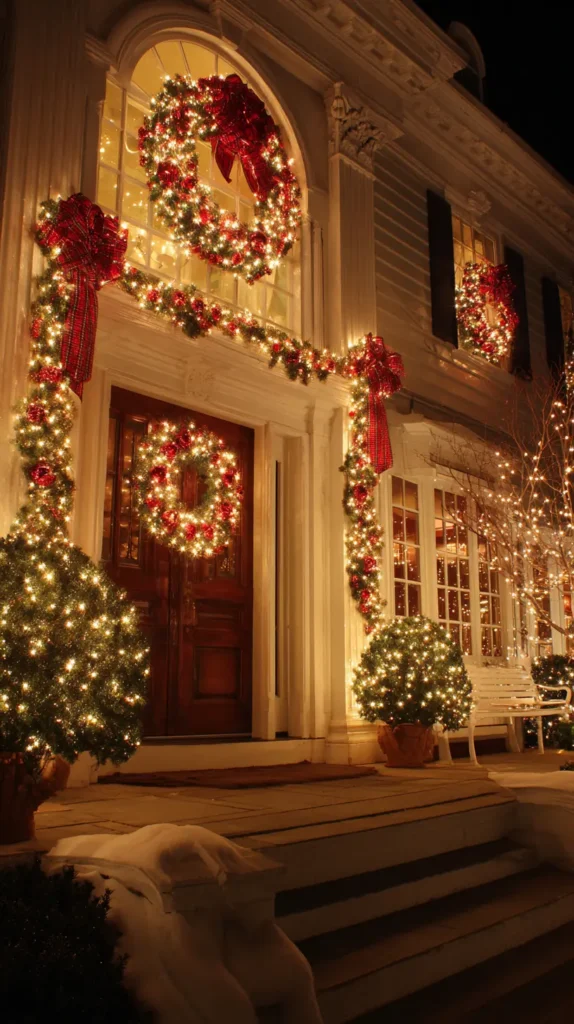 Illuminated Christmas Wreaths or Giant Lit Bows on Doors and Windows