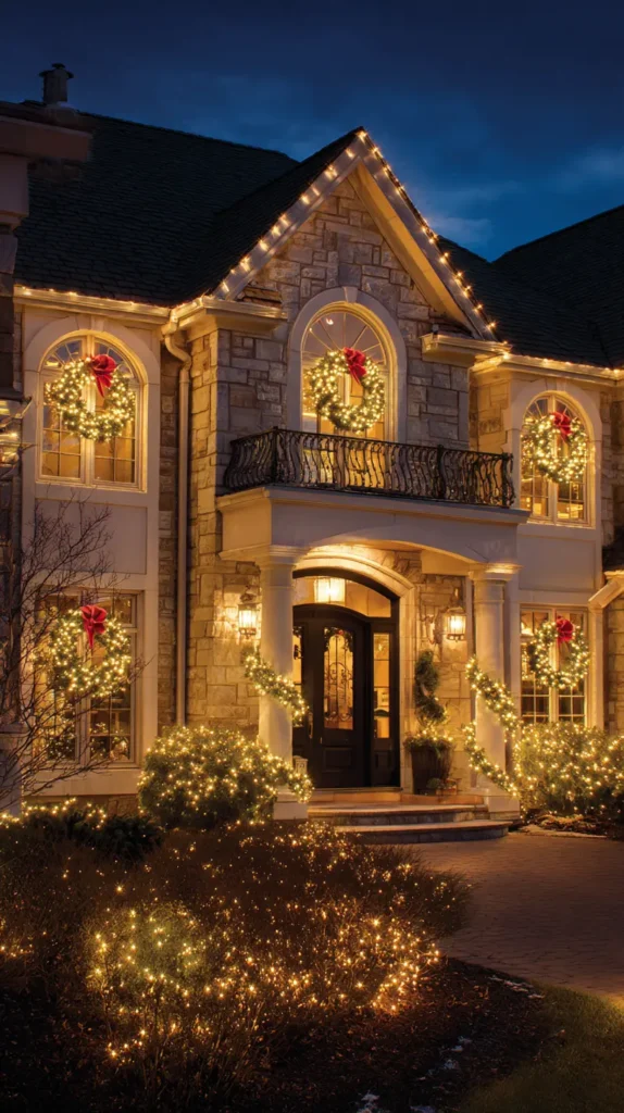 Illuminated Christmas Wreaths or Giant Lit Bows on Doors and Windows
