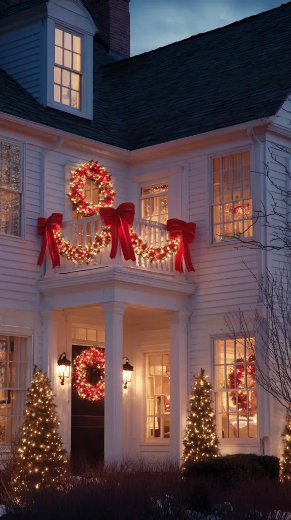 Illuminated Christmas Wreaths or Giant Lit Bows on Doors and Windows