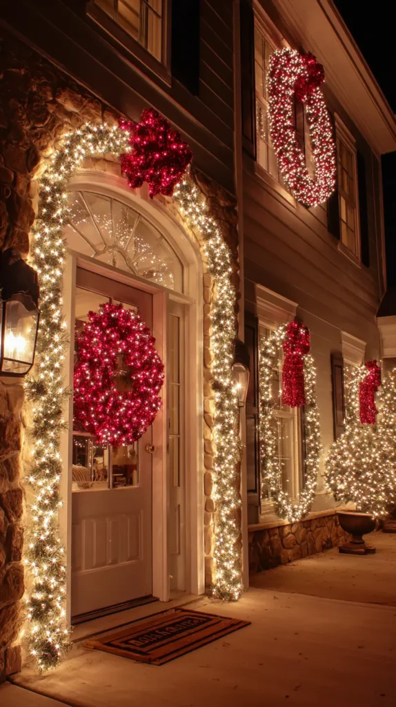 Illuminated Christmas Wreaths or Giant Lit Bows on Doors and Windows