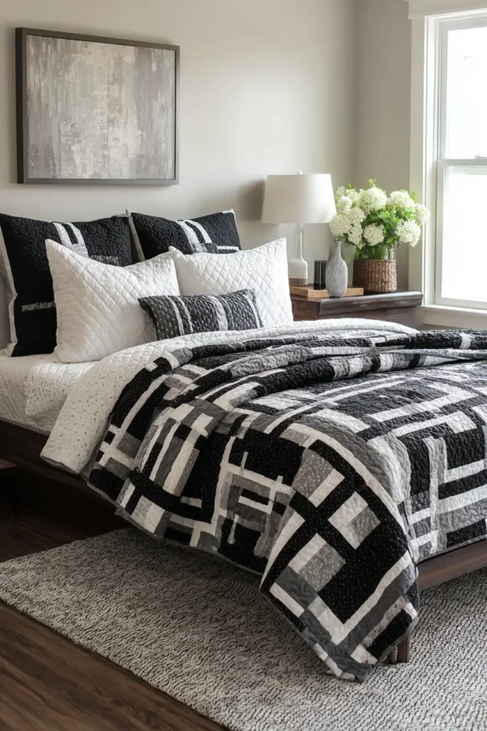 Layered Black and White Quilts for Cozy Yet Modern Rooms