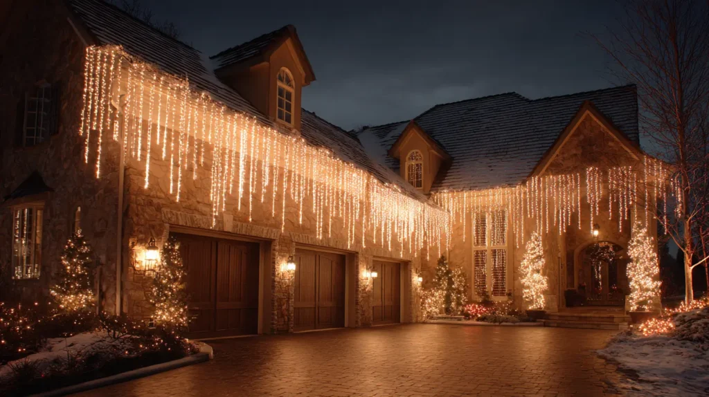Meteor Shower and Cascading Icicle Lights for Gutters and Roof Edges