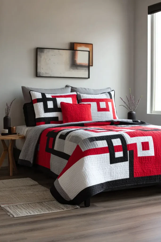 Modern Geometric Red, Black, and White Quilt Designs for a Modern Bedroom Statement