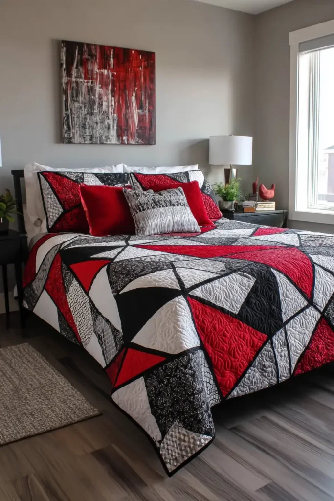Modern Geometric Red, Black, and White Quilt Designs for a Modern Bedroom Statement