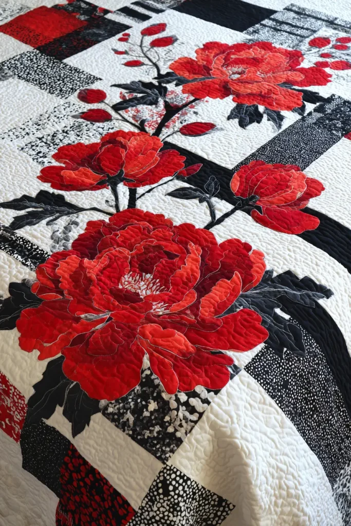 Monochrome Floral Accent Quilts with Red Highlights