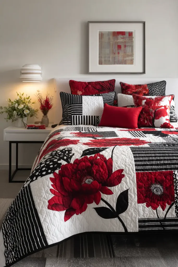 Monochrome Floral Accent Quilts with Red Highlights