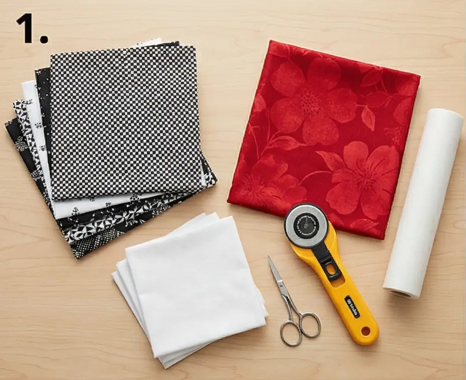 Monochrome Floral Accent Quilts with Red Highlights