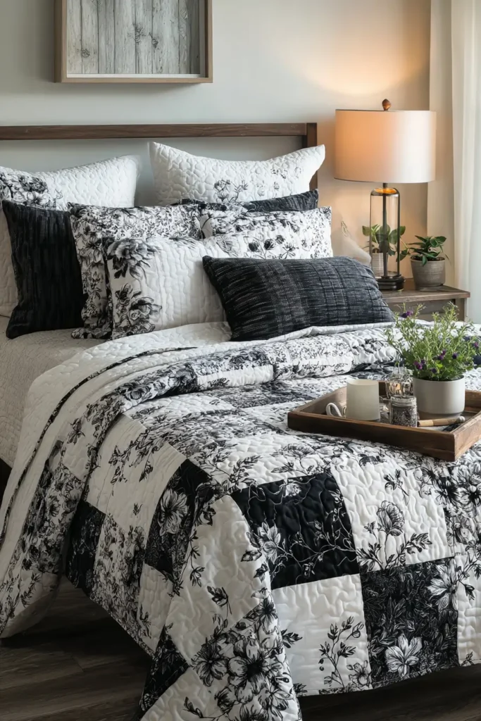 Monochrome Floral Quilt Designs for Elegant Bedrooms
