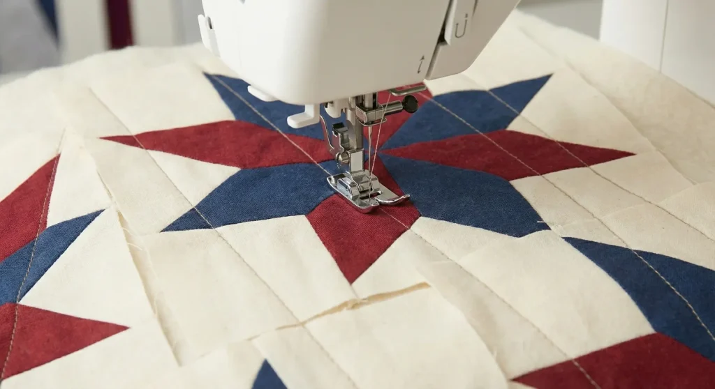 Patriotic Christmas Star Quilt in Red, White, and Blue