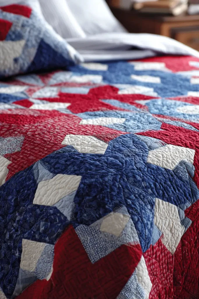 Patriotic Christmas Star Quilt in Red, White, and Blue