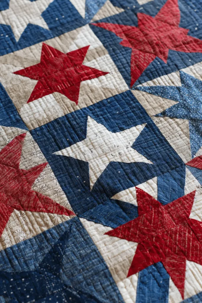 Patriotic Christmas Star Quilt in Red, White, and Blue