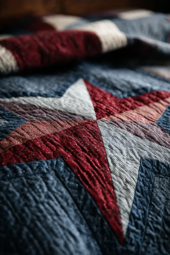 Patriotic Christmas Star Quilt in Red, White, and Blue
