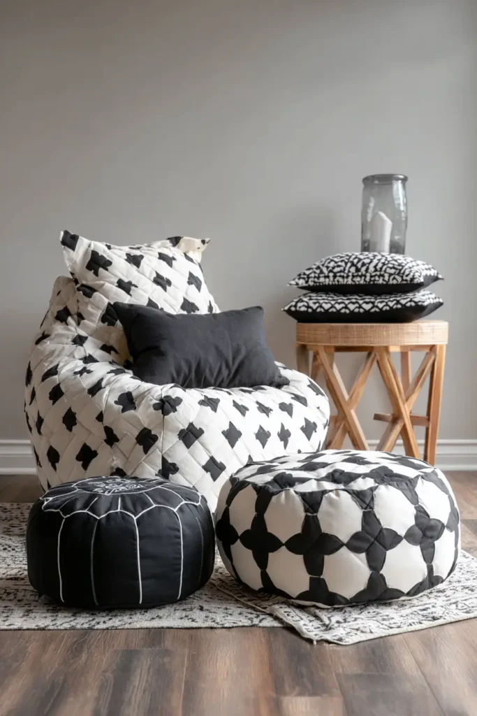 Quilted Floor Pillows and Poufs in Monochrome