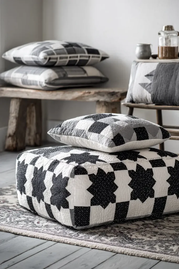 Quilted Floor Pillows and Poufs in Monochrome