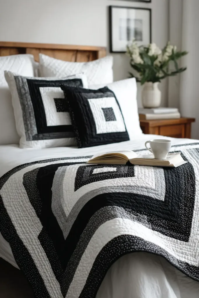 Sophisticated Black and White Log Cabin Quilt Designs with Modern Appeal