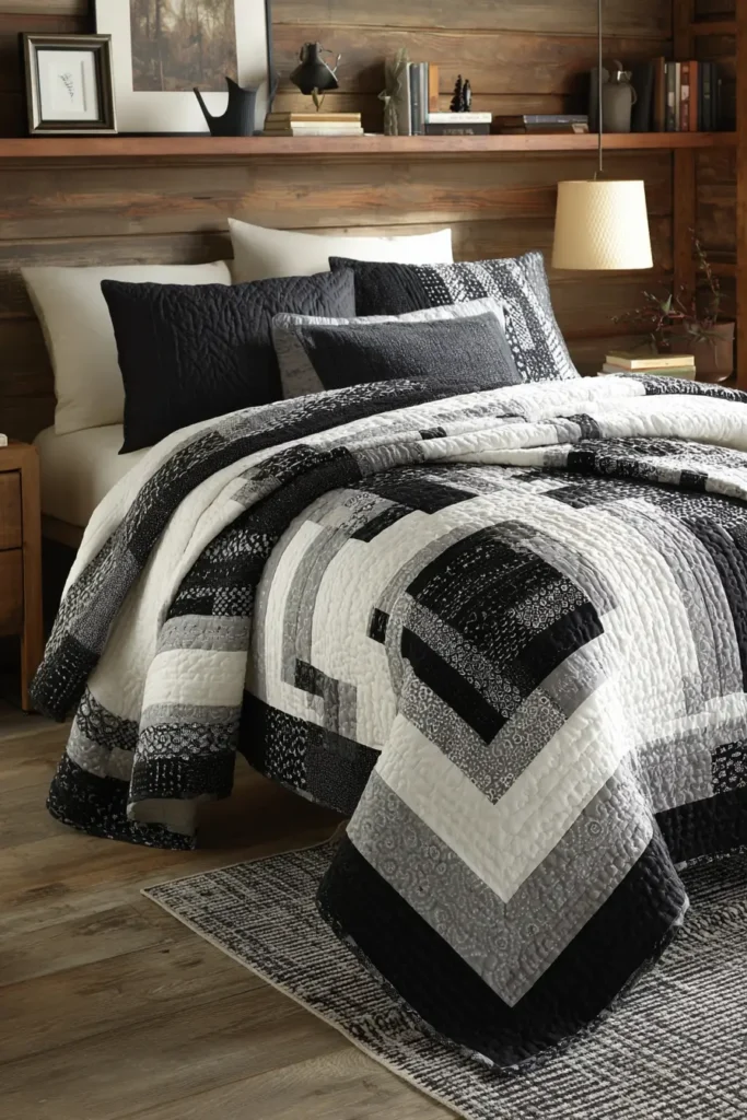 Sophisticated Black and White Log Cabin Quilt Designs with Modern Appeal