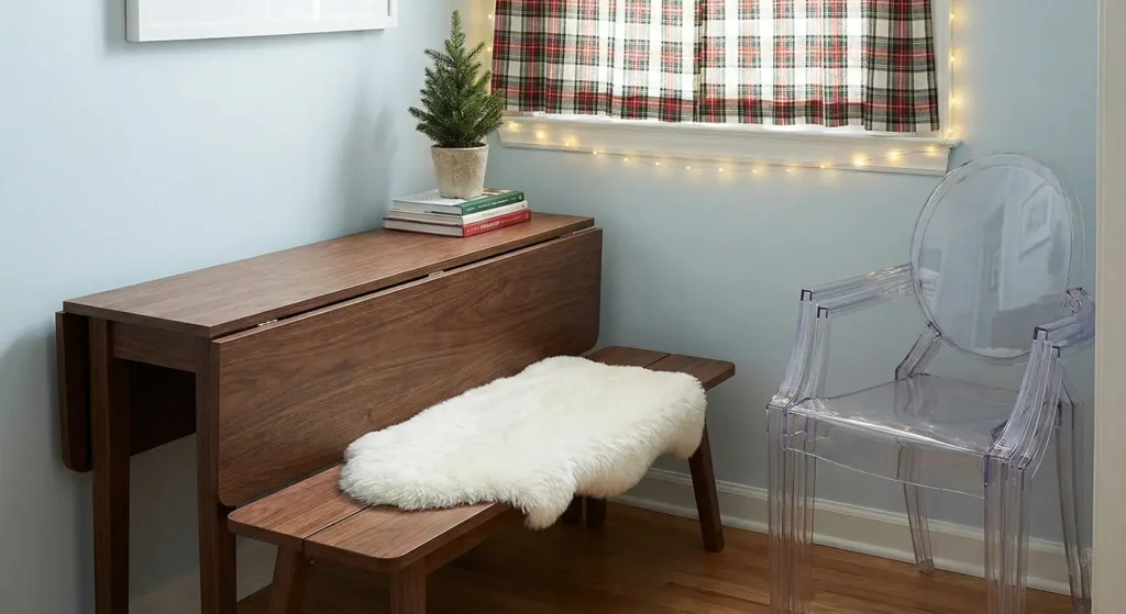 Space-Saving Furniture Drop-Leaf Tables, Benches, and Stackable Chairs