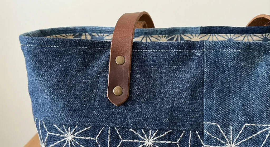 Upcycled Denim Quilted Bag with Sashiko Embroidery