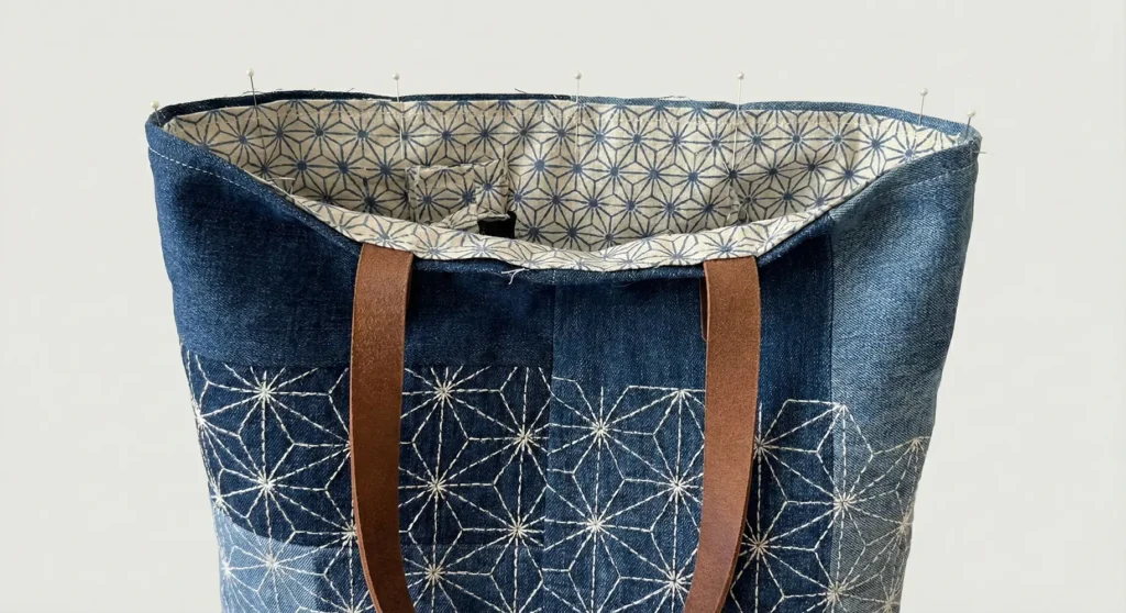 Upcycled Denim Quilted Bag with Sashiko Embroidery