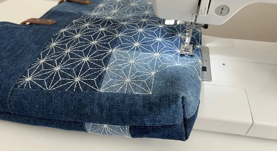 Upcycled Denim Quilted Bag with Sashiko Embroidery