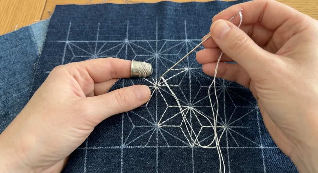 Upcycled Denim Quilted Bag with Sashiko Embroidery