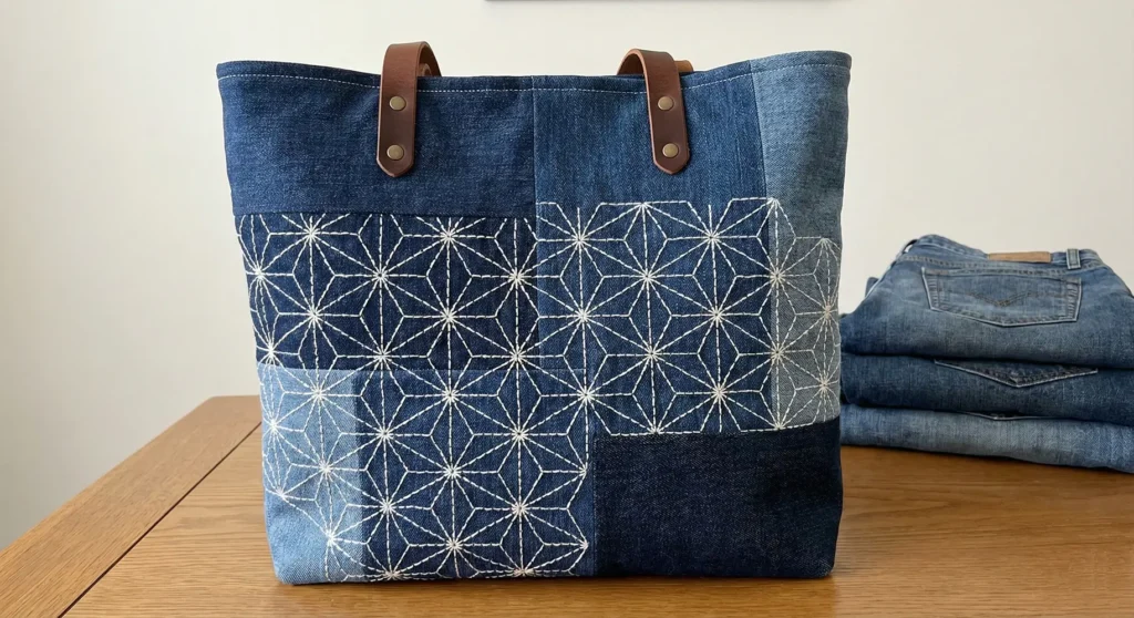 Upcycled Denim Quilted Bag with Sashiko Embroidery