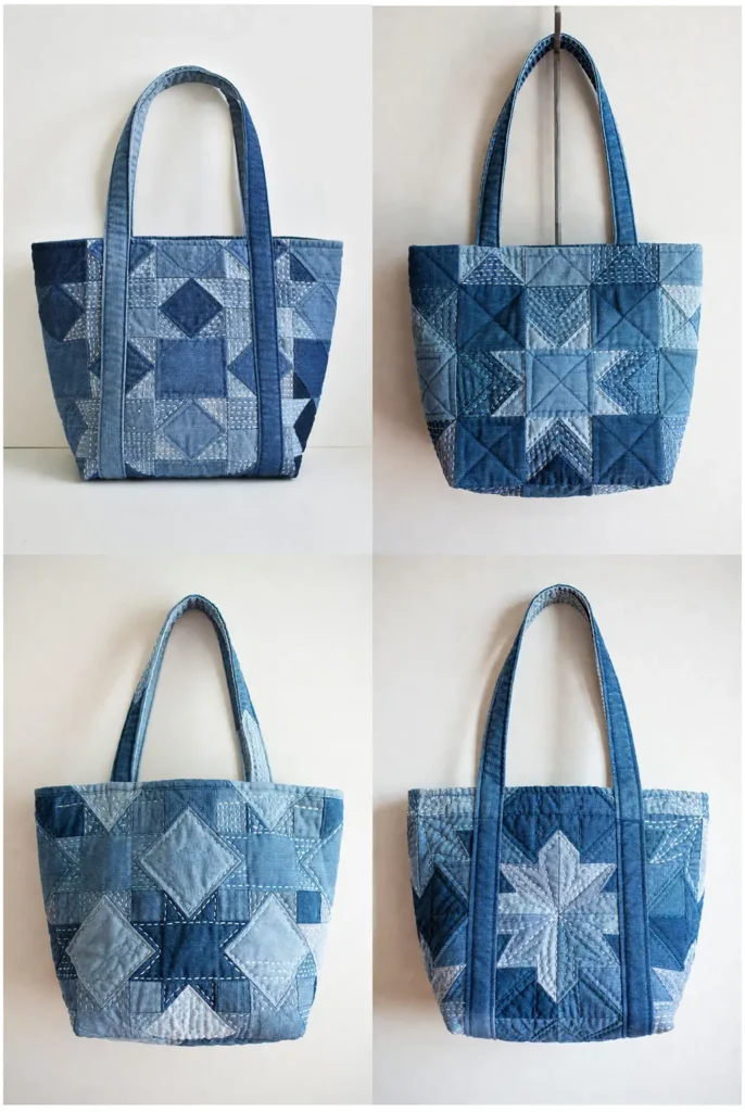 Upcycled Denim Quilted Bag with Sashiko Embroidery